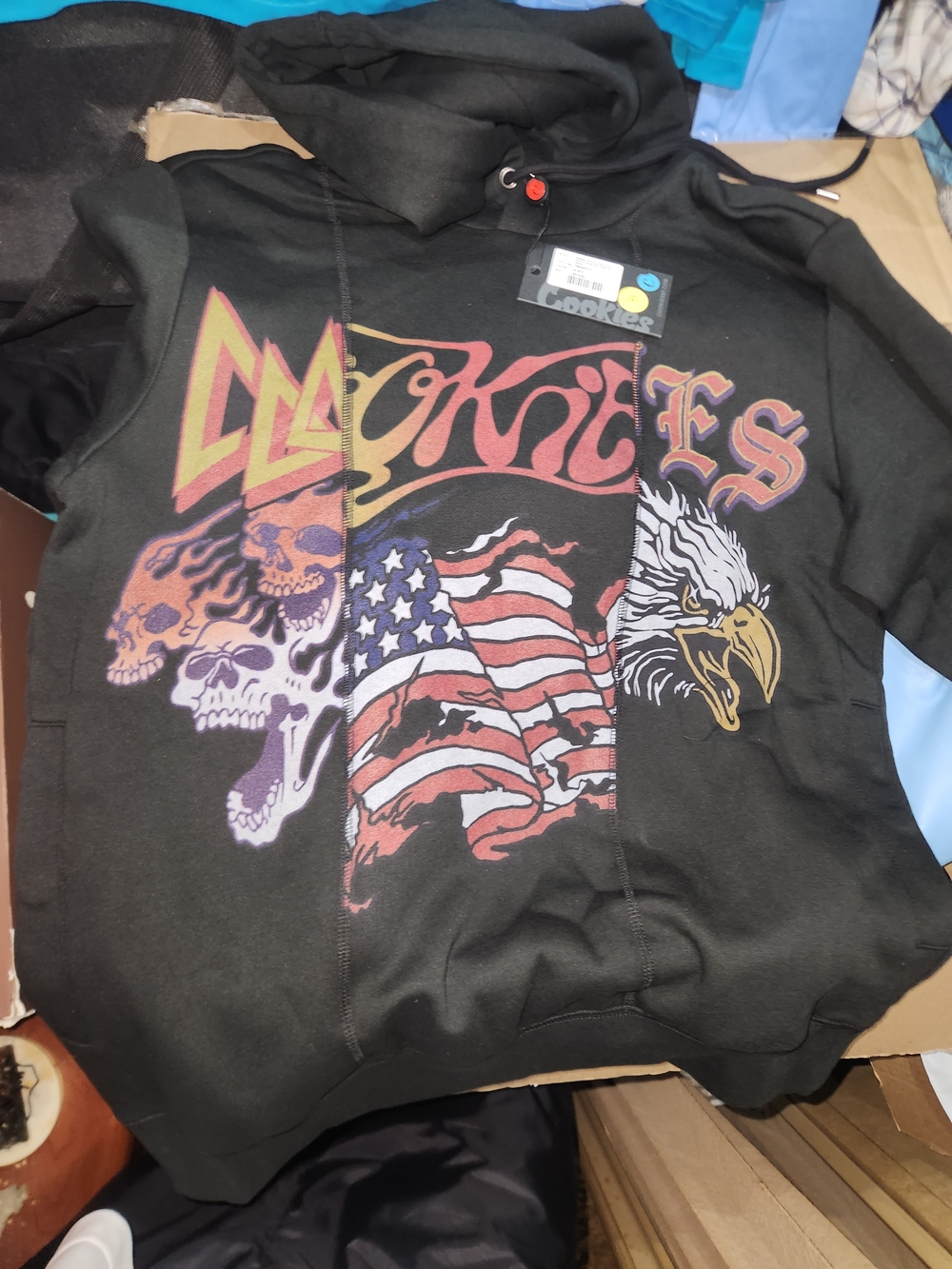Cookies Black Graphic Zip-Up Hoodie with Flag & Eagle